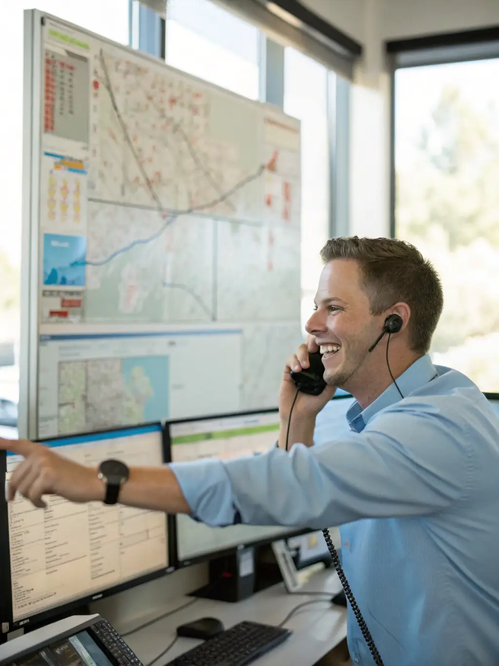 An image depicting a dispatcher negotiating load details with a carrier over the phone, with a map and load board visible in the background, representing Ontrack Logistics' load negotiation service.