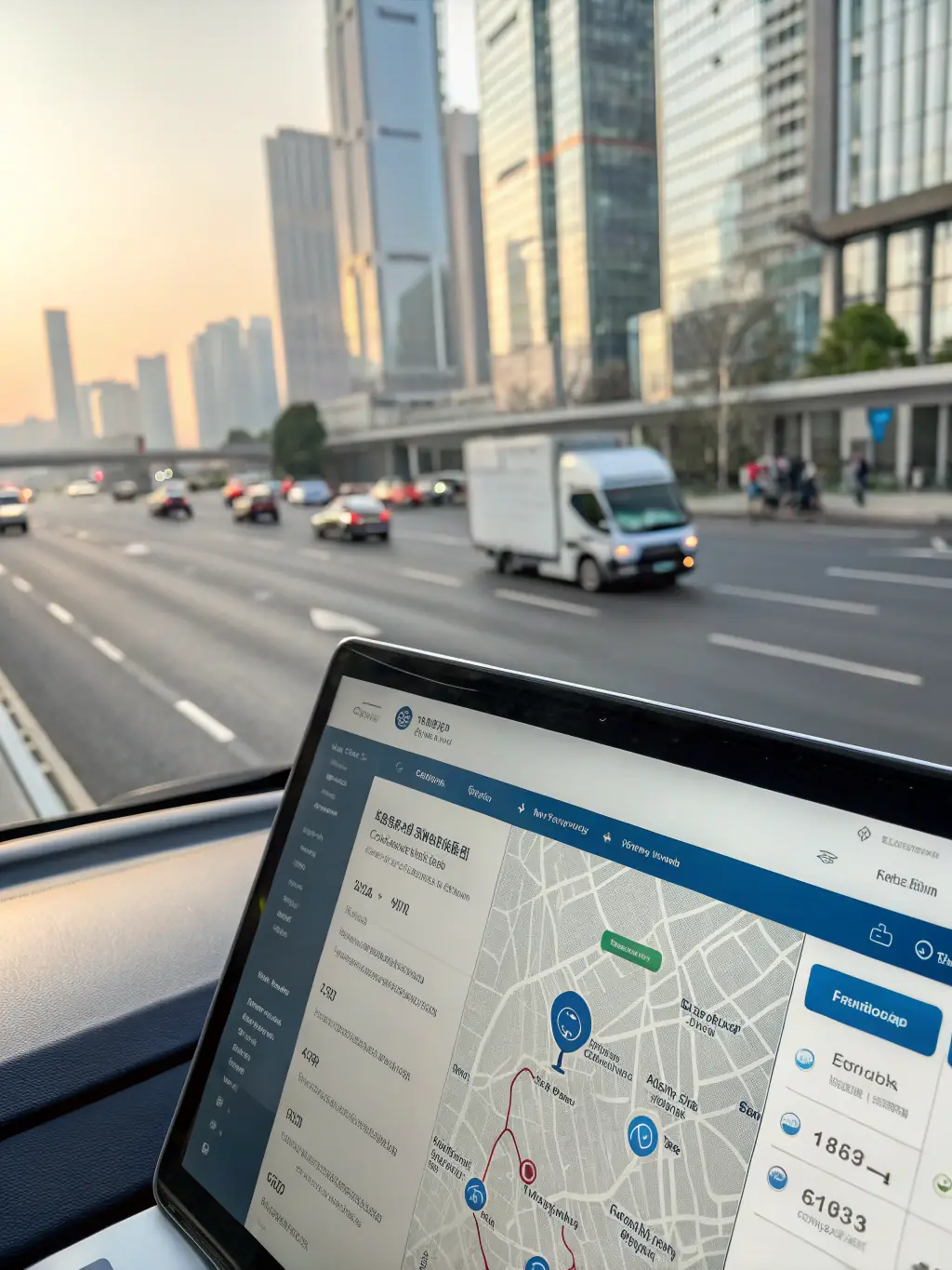 An image of a dispatcher analyzing a digital map with a highlighted route, alongside a truck on the road, representing Ontrack Logistics' route planning and support service.