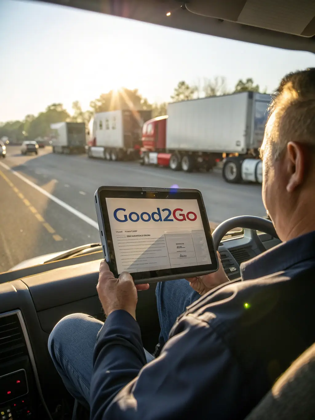 An image showing a driver reviewing digital documents on a tablet, with icons representing permits, bills of lading, and compliance documents, symbolizing Ontrack Logistics' paperwork handling service.