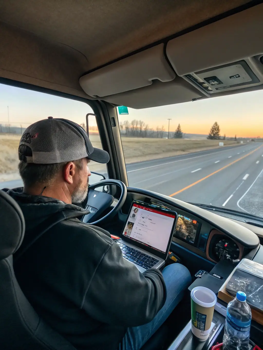 A professional driver smiling while reviewing load details on a tablet in their truck cab, showcasing the ease of access to load information.