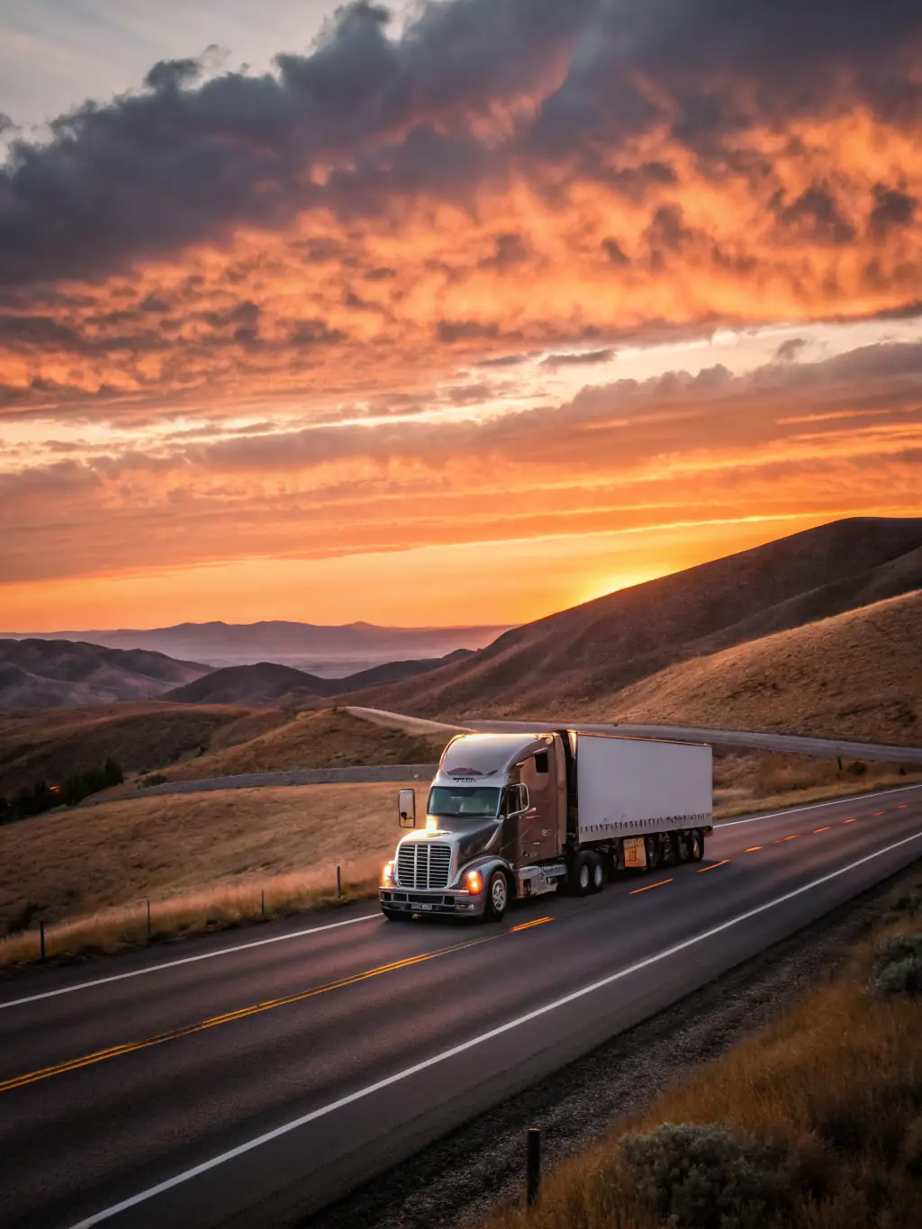 A truck driving on a highway at night, with a subtle overlay of a support icon, representing 24/7 assistance.