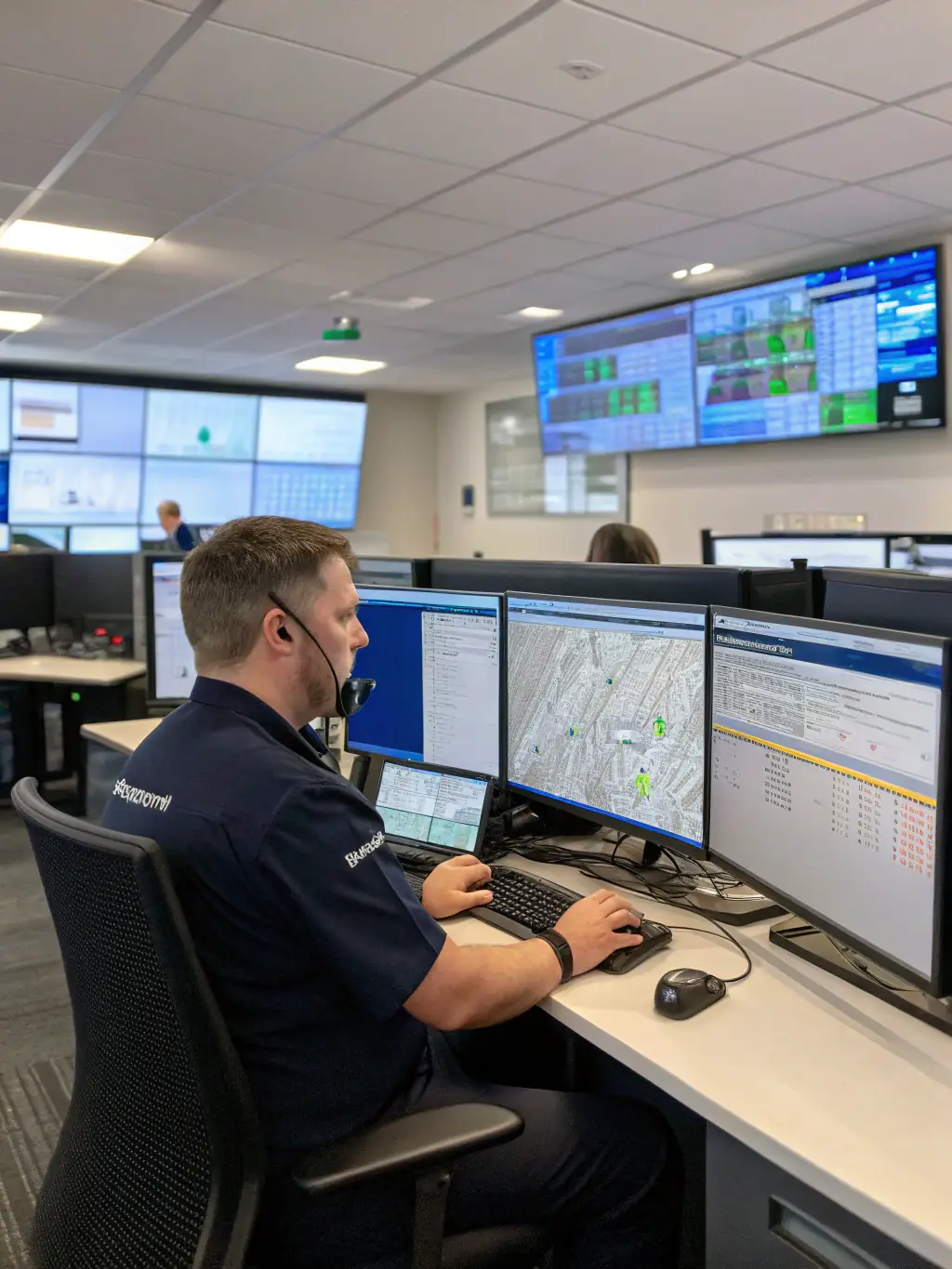 A dispatcher efficiently managing paperwork and documentation on a computer, symbolizing the reduction of administrative tasks for carriers.