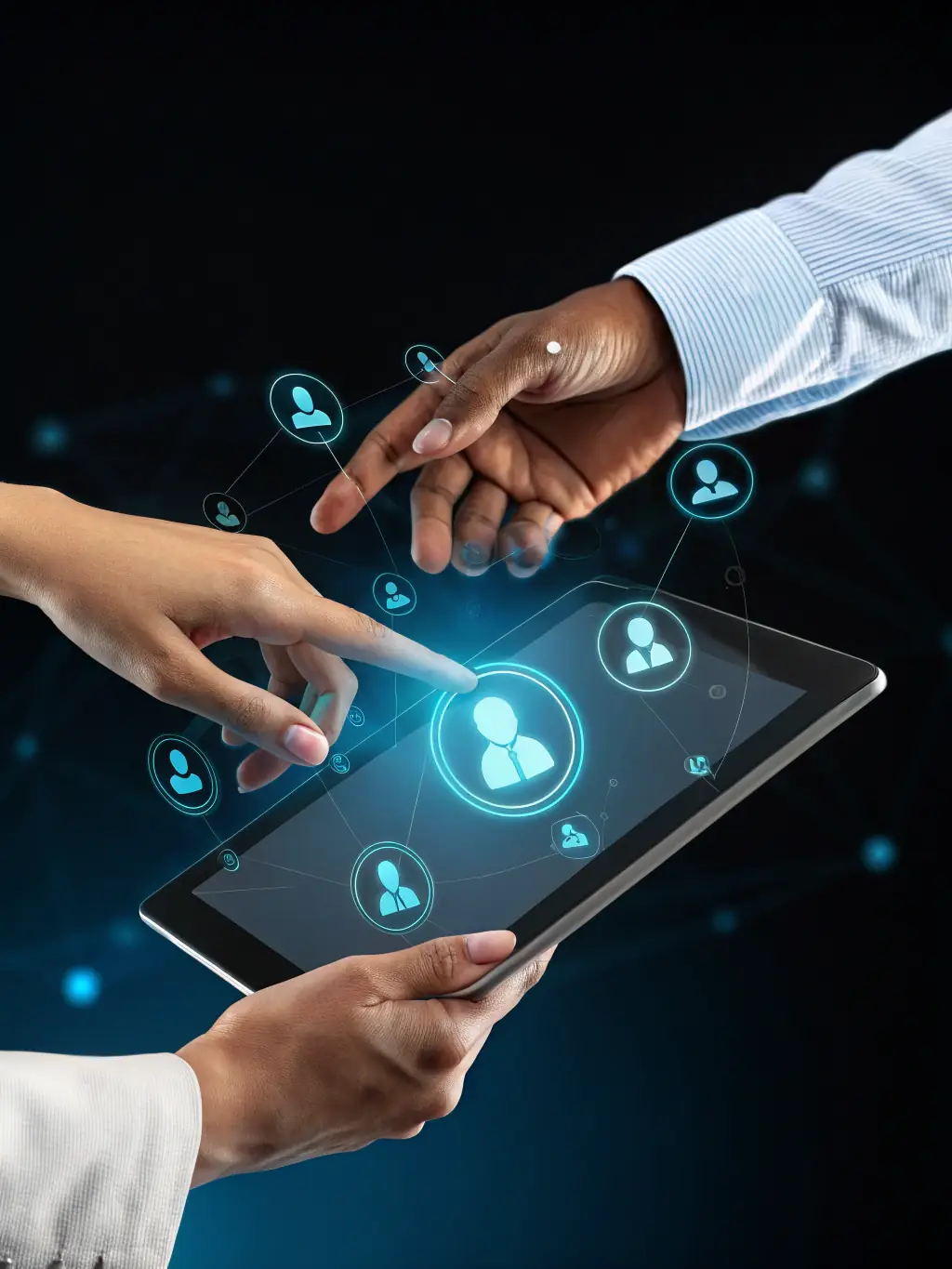 An image of a hand shaking over a digital tablet displaying a map and logistics data, symbolizing a strong partnership.